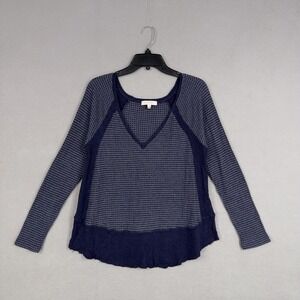 Eri + Ali Shirt Womens Medium Blue Waffle Knit Long Sleeve V Neck Hem Top